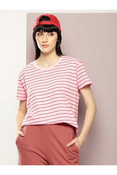 Dillinger By Styli Women Pink Striped Yarn Dyed Boxy T-Shirt