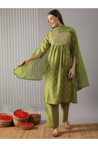 Globus By Styli Women Green Embroidered A-Line Kurta with Pant and Dupatta Set