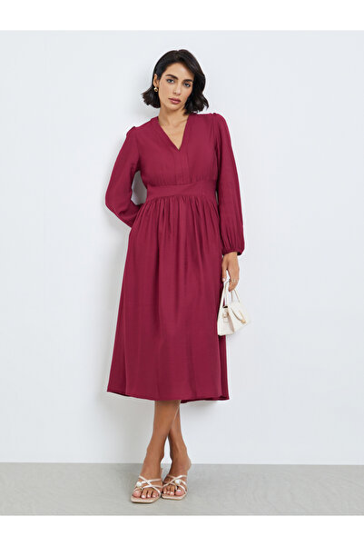Styli Women Red Balloon Sleeves A-Line Midi Dress