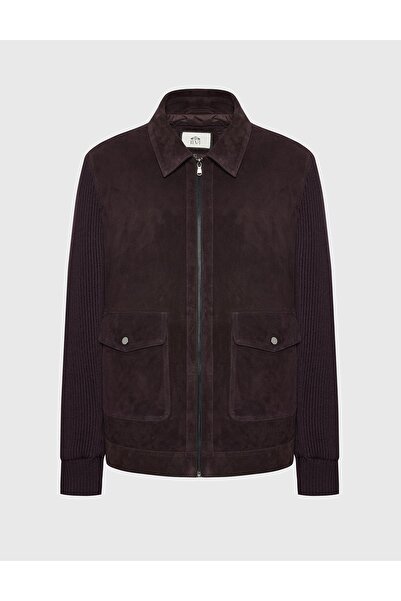İLVİ Mark Genuine Knitwear Suede Leather Plum Men's Coat