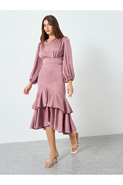 Styli Women Pink Satin Ruffled Hem Midi Dress