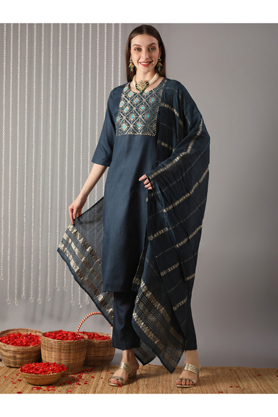 Globus By Styli Women Green Embroidered A-Line Kurta with Pant and Dupatta Set