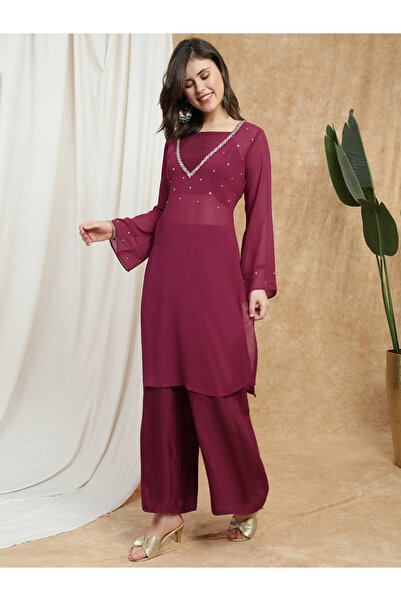 Globus By Styli Women Maroon Sequin Embellished Kurta with Crop Top and Wide ...