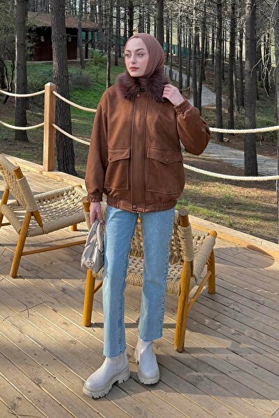 lamelif Fur Collar Pocketed Coat Brown