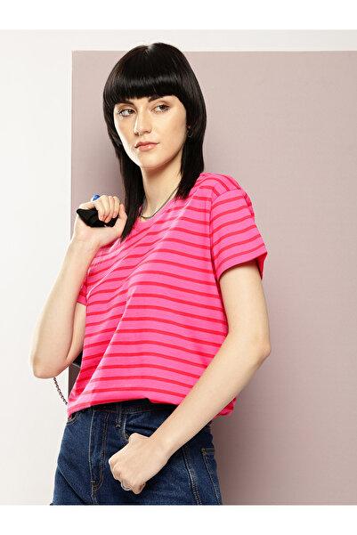 Dillinger By Styli Women Pink Striped Yarn Dyed Boxy T-Shirt