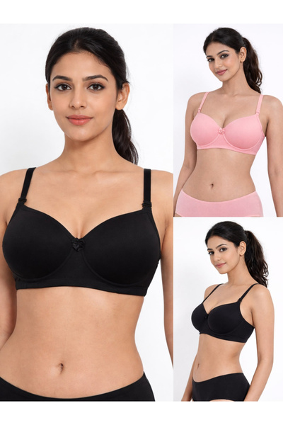 LAZZYCAT By Styli Pack of 2-Padded Non-Wired Full Coverage Spacer Cup T-Shirt...