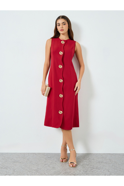 Styli Women Red Sleeveless Midi Dress with Gold Buttons