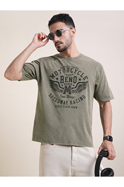 Dillinger By Styli تيشيرت رجالي مطبوع بقصة قصة فضفاضة ومغسول بالأسيد