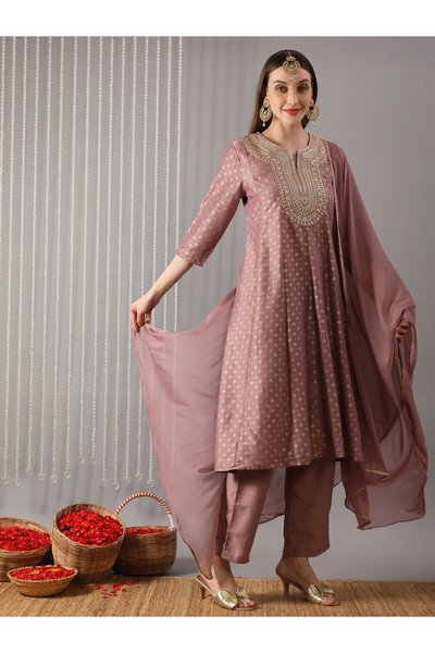 Globus By Styli Women Pink Embroidered A-Line Kurta with Pant and Dupatta Set