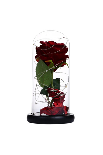 PUFO Rose in glass dome Sparkle Rose, decorated with LED lights, 21 cm, burgundy