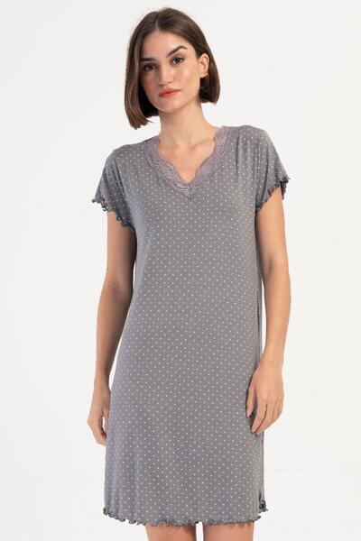 VİENETTA Women's Lace V-Neck Polka Dot Short Sleeve Nightgown Tunic C3T4N0304