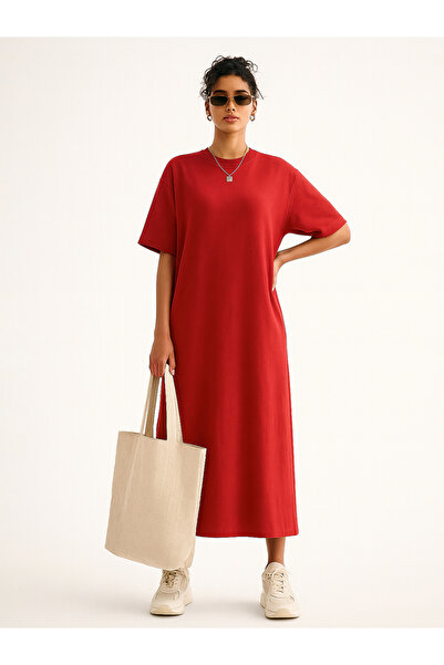 Sassafras By Styli Women Red Oversized Midi T-Shirt Dress