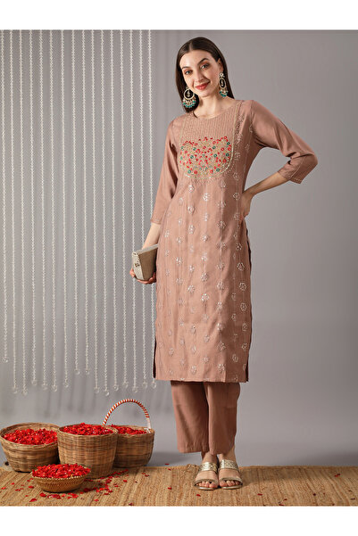 Globus By Styli Women Beige Round Neck Floral Embroidered A-Line Kurta with P...