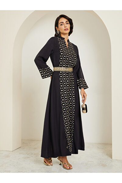 Styli Women Black Embroidered Front Panel Belted Jalabiya