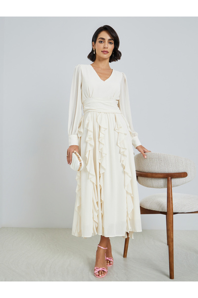 Styli Women Cream Ruffle Detail A-Line Midi Dress