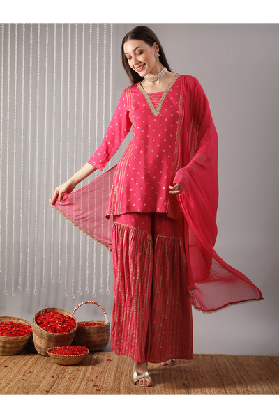 Globus By Styli Women Pink V-Neck Embroidered Straight Kurta with Pant and Du...