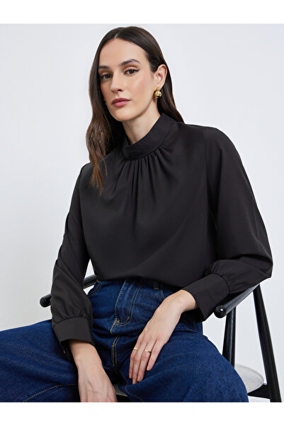Styli Women Black Solid Pleated Stand Collar Blouse