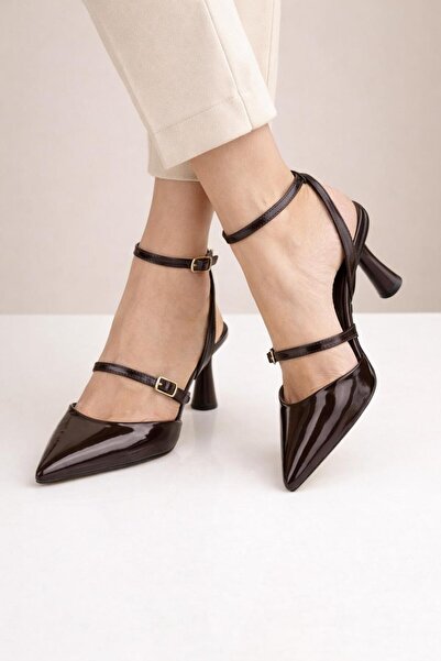 MODAONN Pantofi cu toc subțire, cu curea la gleznă, din piele lăcuită, pentru...