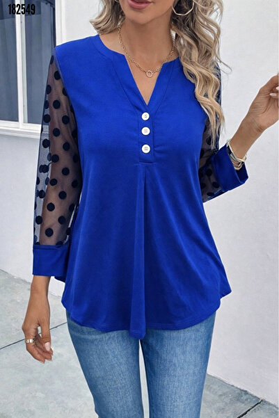 moda wanilia Women's Tulle Detailed Buttoned V-Neck Viscose Blouse