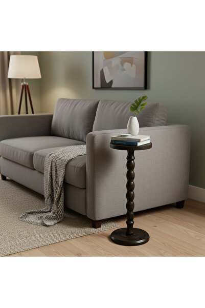 EqiEch Modern Round Side Table with Wooden Spherical Base, Small Black Table ...