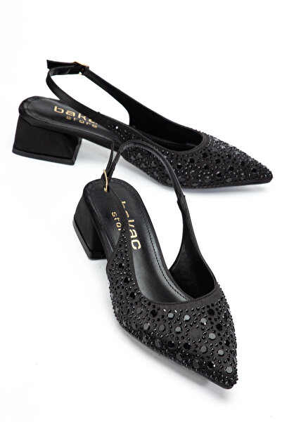 bakacstore Kadın Siyah Saten Kumaş Pırlantalı Topuklu ayakkabı