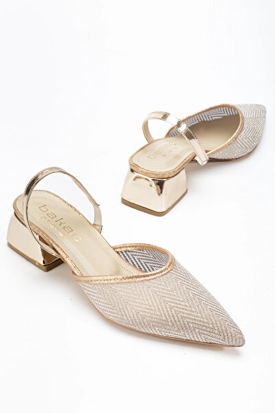 bakacstore Pantofi cu toc scurt din țesătură transparentă, de culoare aurie, ...