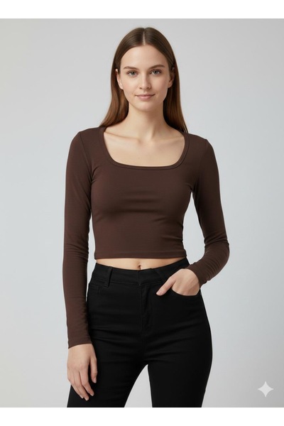 serkertaş Women's Square Neck Brown Long Sleeve Crop Viscose Blouse