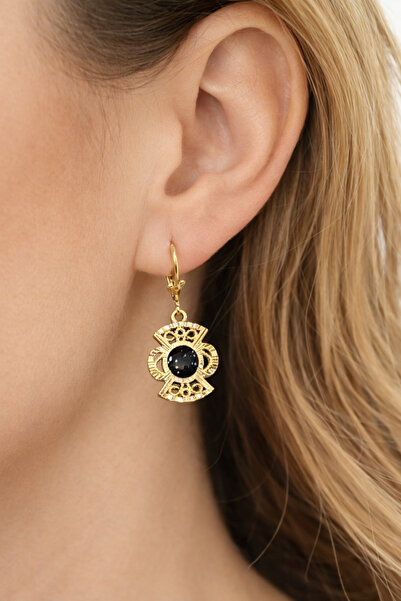TuQos Authentic Black Stone Gold Color Women's Dangle Earrings – Vintage Ethn...