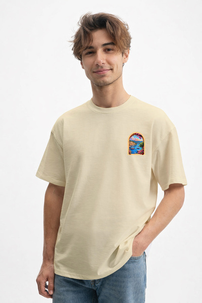 caddekombin Ανδρικό μπλουζάκι Mediterranean Harbour Design 100 Face Cotton Beige