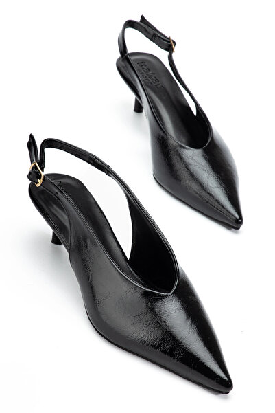 bakacstore Kadın Siyah Kırışık Rugan Kısa Topuklu Ayakkabı