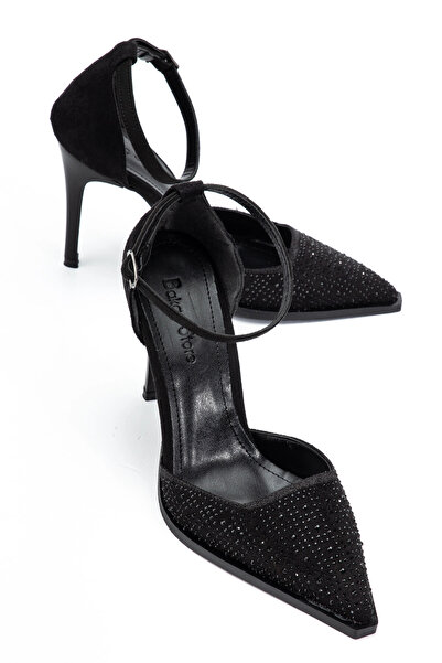 bakacstore Pantofi cu toc din țesătură de piele întoarsă, neagră, strălucitoa...