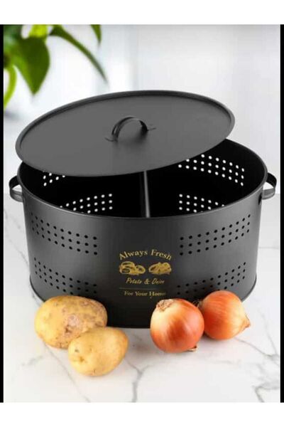 ozbience Pratik Saklama Kovası, Patates ve Soğan Bölmeli, Siyah Metal Tasarım