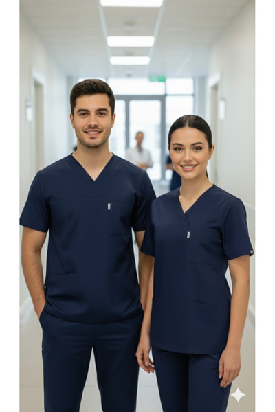 temex LACİVERT SCRUBS TEK ÜST LİKRASIZ UNİSEX HEMŞİRE DOKTOR FORMASI İŞÇİ KIY...