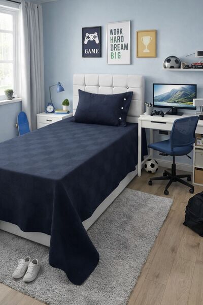 AHSEN TASARIM Ellsi düğme detaylı tek kişilik WAFLE pike ve yatak örtüsü seti