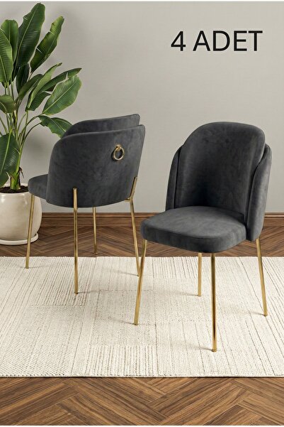 DEREN HOME Rigella Serisi 4 Adet Koyu Gri Mutfak Yemek Odası Sandalyesi Silin...