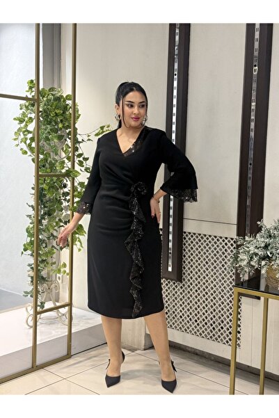 live forever Plus Size Double-Breasted Collar Sequin Detailed Flounce Evening...