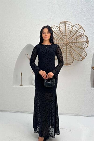 Dipmoda فستان نسائي من التول بأكمام طويلة وطباعة فلوك باللون الأسود بالكامل