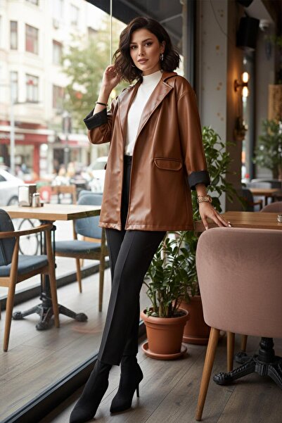 SENSTIL Oversize Women's Leather Jacket Tan Ss2270