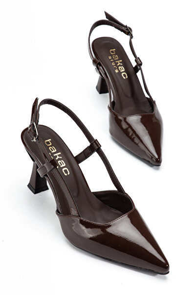 bakacstore Pantofi cu toc stilați din piele lacuită maro pentru femei
