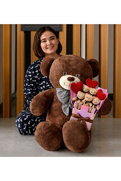 Pababo Sevgililer Günü Hediyesi 80 cm Papyonlu Peluş Ayıcık ve Kalpli Kahve A...