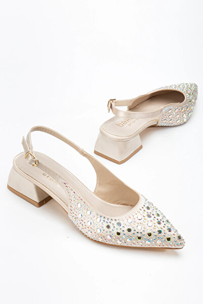 bakacstore Woman's beige satin fabric high heeled shoe with diamonds