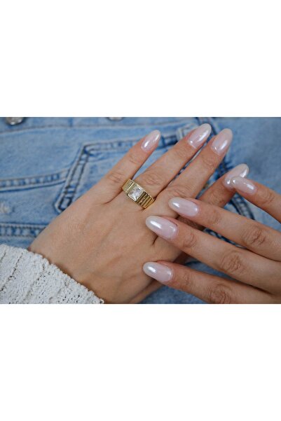 ATELİER TUĞBA خاتم YZK194 ذهبي اللون بتفاصيل مستطيلة وقابل للتعديل