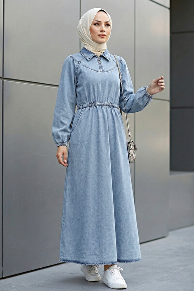 MODAQU Elastic Waist Zippered Long Denim Dress - Ice Blue