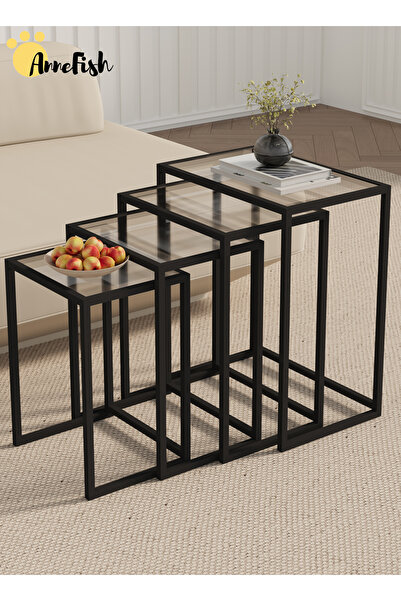 AnneFish 4Pcs C-Shaped Tempered Glass Coffee Table Set Sofa Side Nesting Tabl...