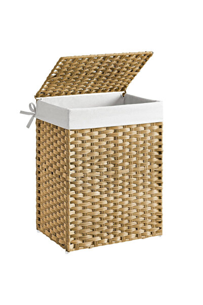 SONGMICS Laundry basket with lid, synthetic rattan and removable bag, 90 L, 4...