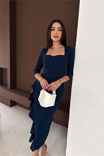 Dipmoda Fusta de damă bleumarin cu volane asimetrică croială decolteu pătrat ...