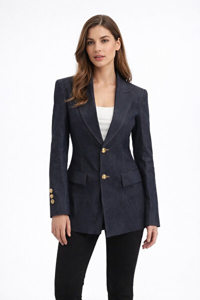 Nihanello Butik Gold düğmeli Denim Blazer ceket