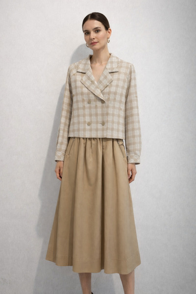 Kayra Sim Ribbed Skirt Gathered Suit Beige