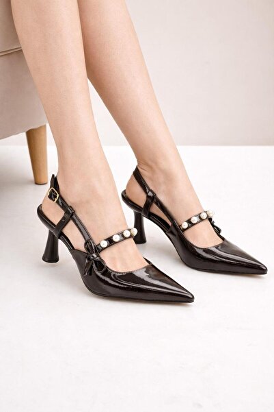 MODAONN Pantofi de damă din piele lăcuită, cu vârf ascuțit, cu detaliu perlat...