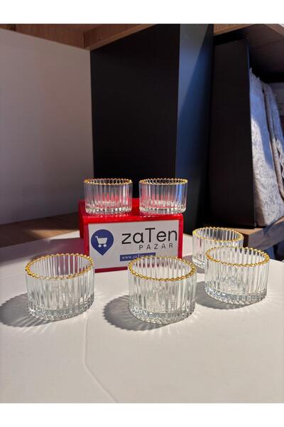 zaTen Pazar 6’lı Gold Yaldızlı Çizgili Cam Çerezlik, Sosluk & Reçellik Seti